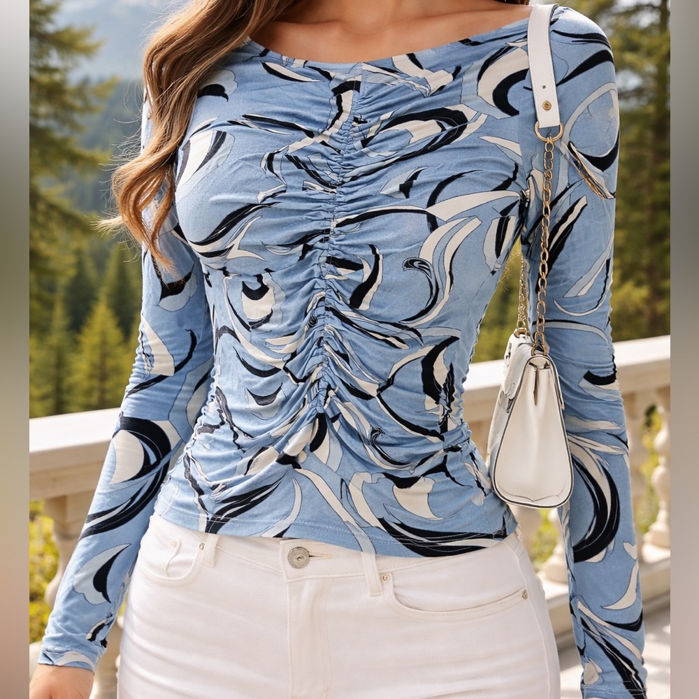 INC International Concepts Blue and White Swirl Long Sleeve Top